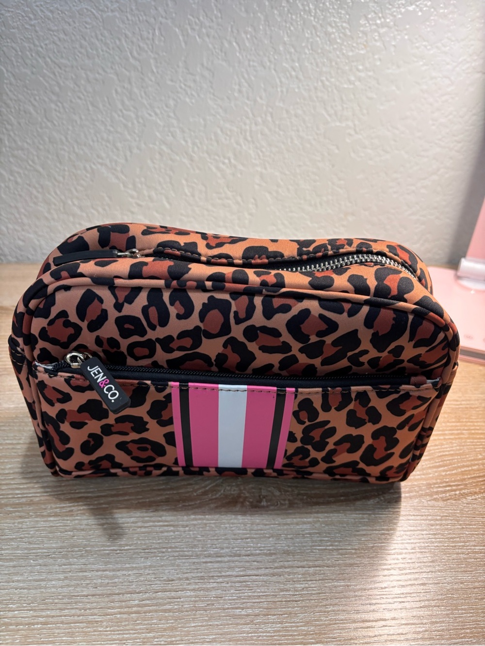 JEN & CO. Leopard Print Cosmetic Pouch in Brown with Pink Stripe